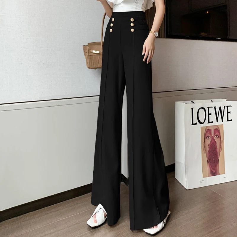 Koreaanse Mode Vintage Office Lady Elegante Wijde Pijpen Broek Vrouwen Effen Hoge Taille Rechte Broek 2023 Herfst Winter Pantalones