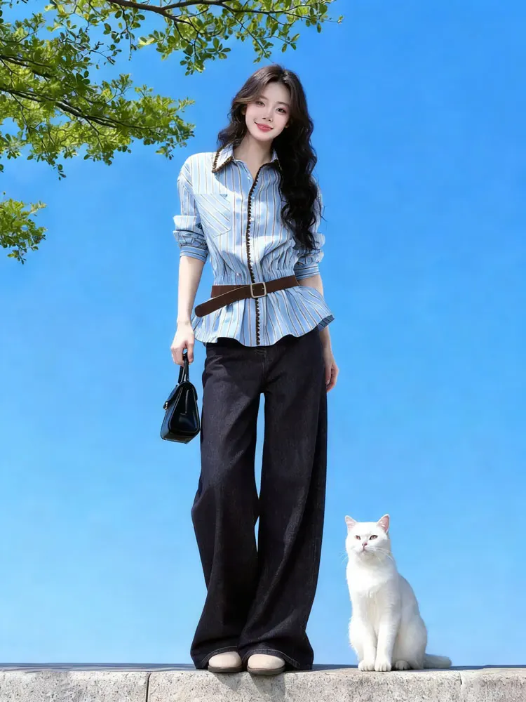 

Retro Blue Striped Long Sve Women's irt Loose Design Spring New Sle Commute Korean Version Casual Faion Top