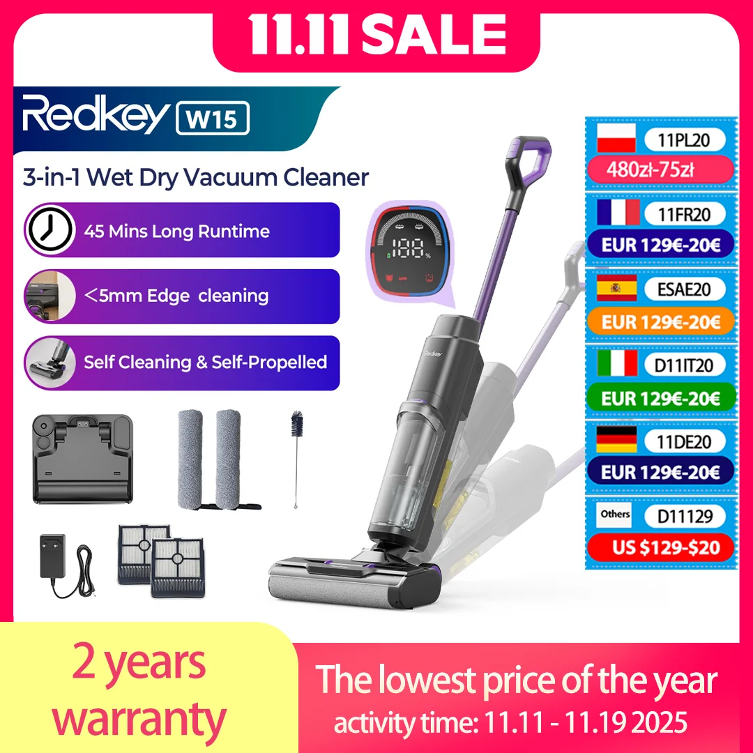 Aspirateur sec et humide sans fil Redkey W15 3 en 1, automotrice à lavage automatique, nettoyage des bords de 0,2 pouces, aspiration puissante, 45 minutes