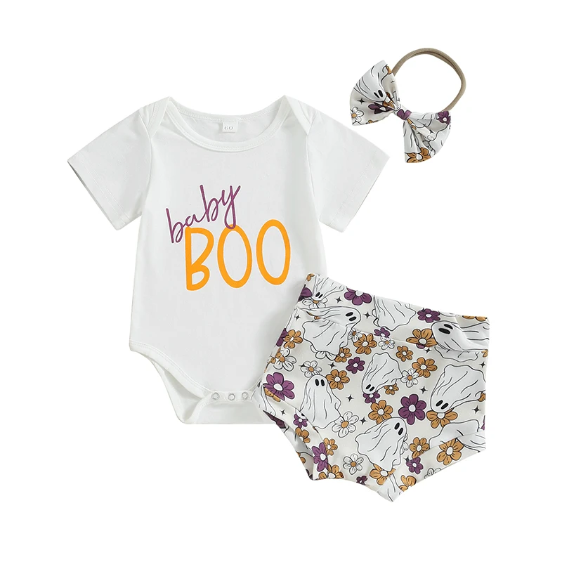 

Baby Girl Summer Outfit Letter Print Short Sleeve Rompers Ghost Flower Print Shorts Headband 3Pcs Halloween Clothes Set