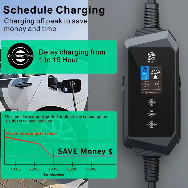 evsow Portable EV Charger GBT EVES Wallbox Station 22KW 32A 3P Electric Car Charger Adjustable Current&Setting Time For Car 5M