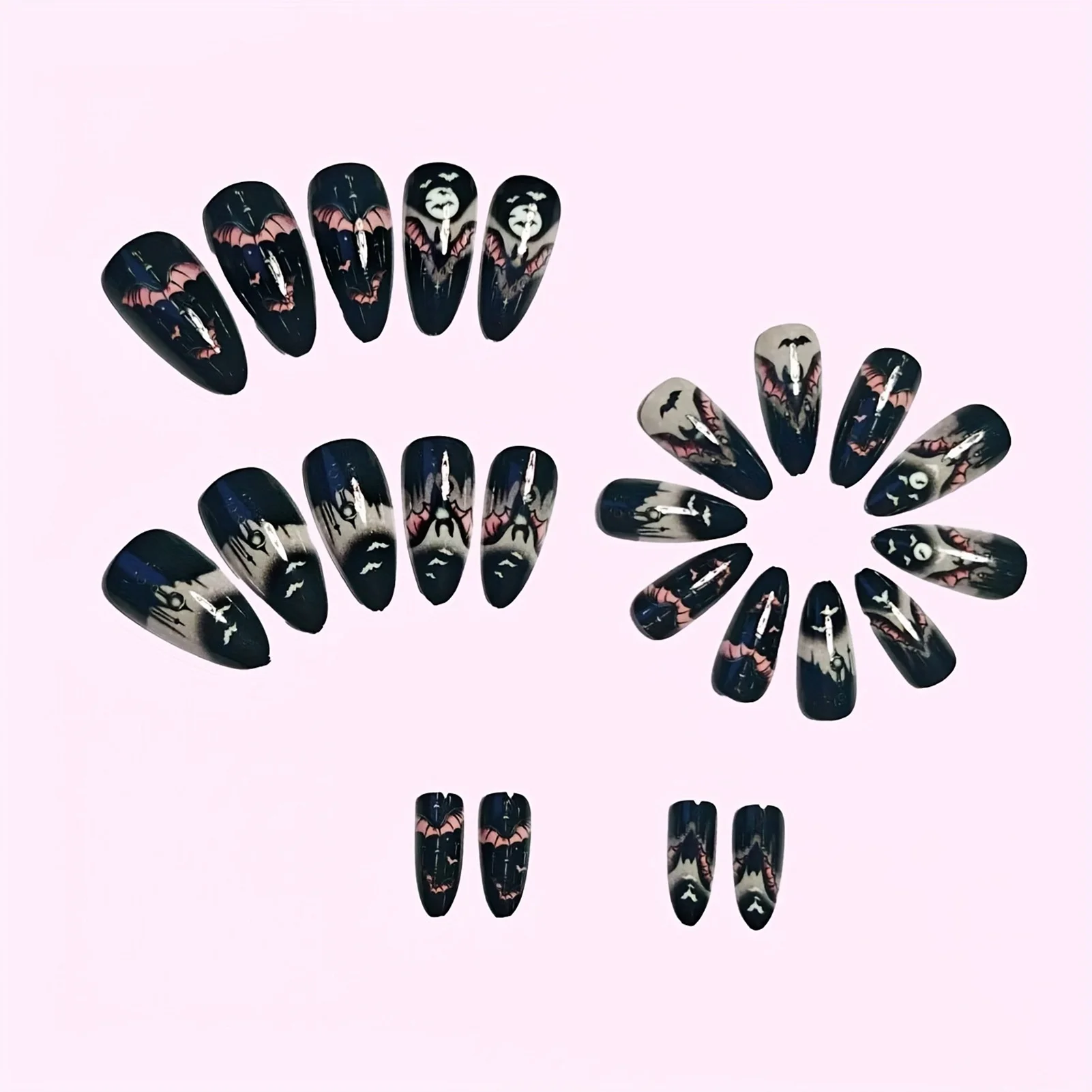 24 Stuks Halloween Nep Nagels Zwarte Amandel Druk Op Nagels Enge Vleermuis Ontwerpen Vrouwen Meisjes Charms Manicure Volledige Dekking Kunstnagels