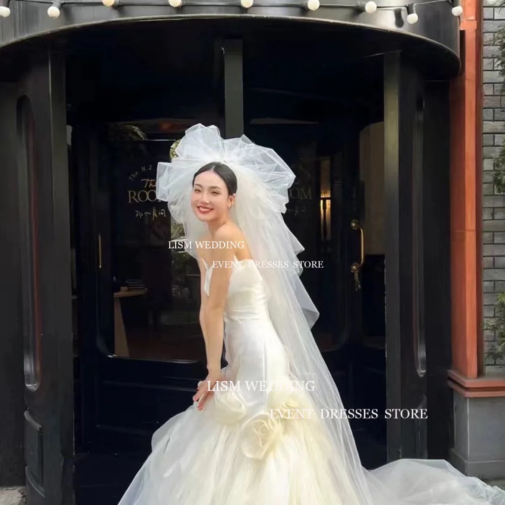 LISM Design Strapless Mermaid Wedding Dress Soft Satin Flower Bridal Gown With Veil Floor Length 웨딩드레스 Custom Made