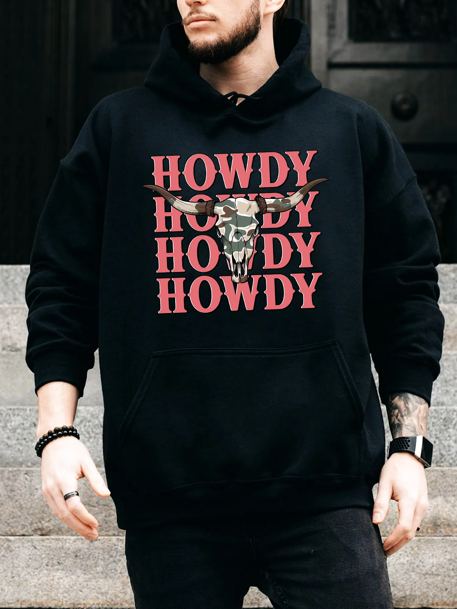 Sudadera con capucha con cordón para hombre Howdy Camo Cow Head - Jersey negro informal y cómodo, sudadera con capucha de otoño e invierno