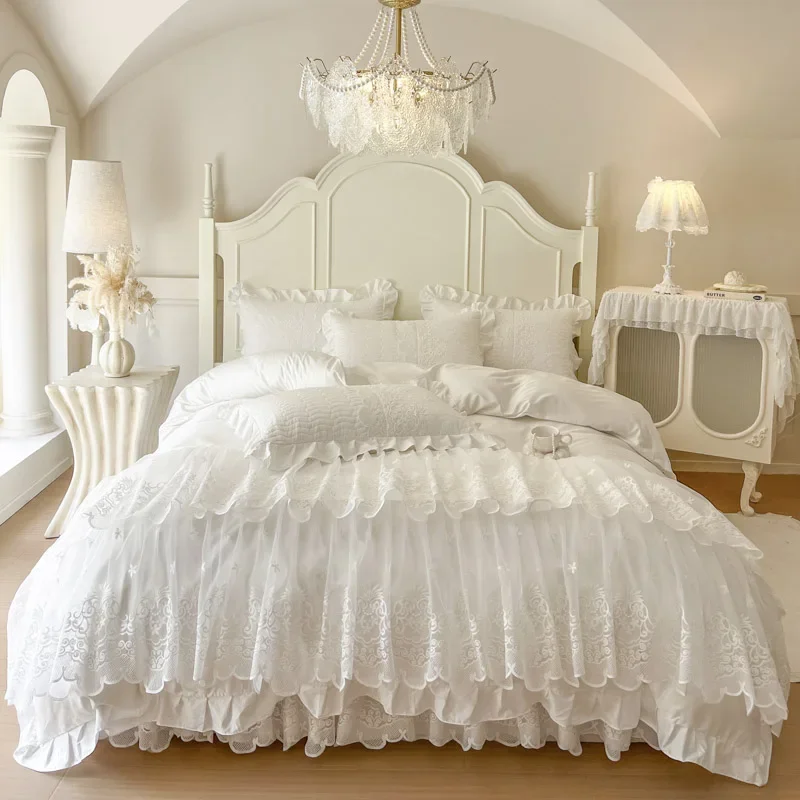 4/6Pcs Princess Wedding Bedding Set 600TC Egyptian Cotton Double Layer Lace Ruffles Duvet Cover Bed Skirt Bedspread Pillowcases