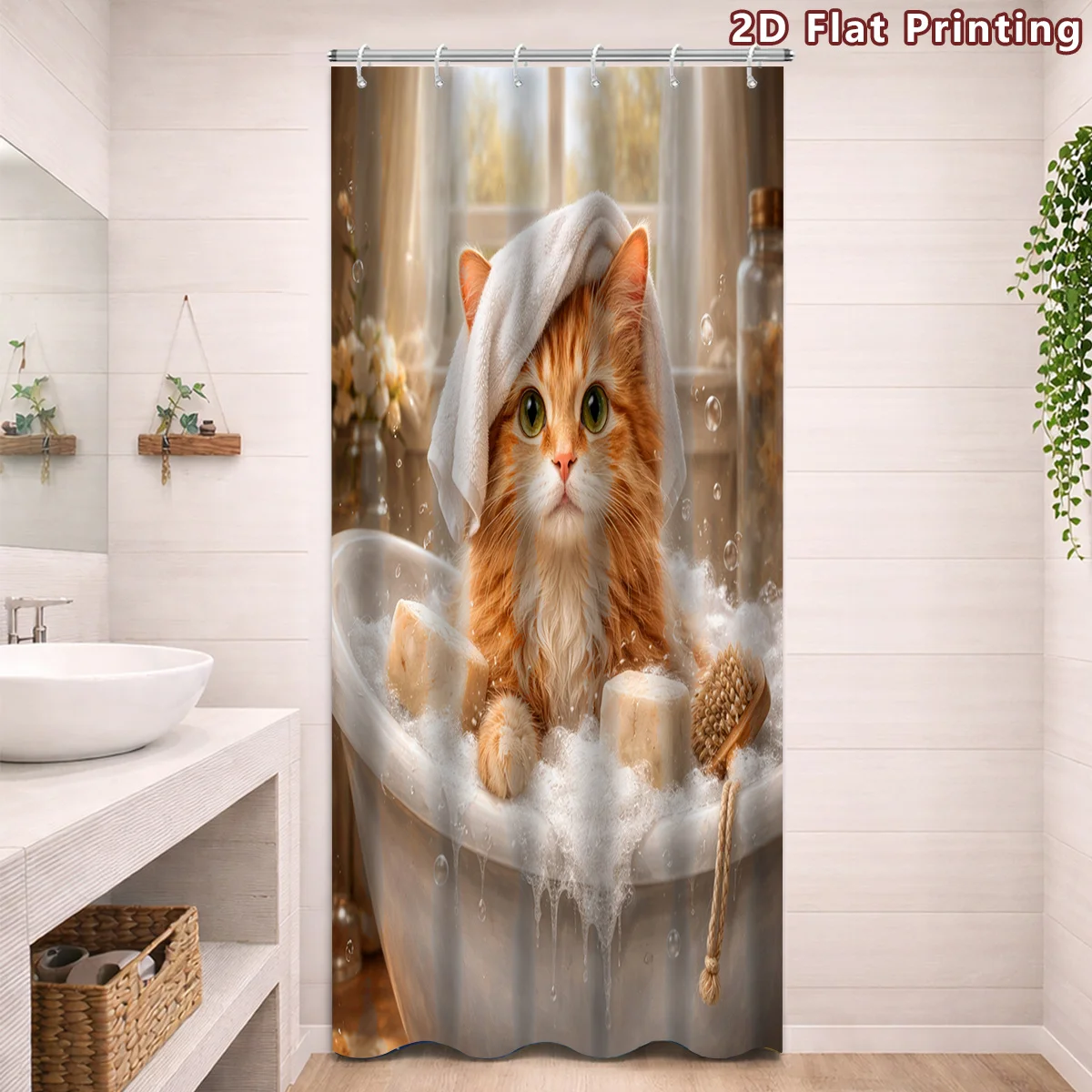 2D Flat, 1pc 2D Flat Bathing Ginger Cat Shower Curtain, Bathroom Decor, Multi-Size Options (80X180Cm, 120X180Cm, 150X180Cm, 180X view 3