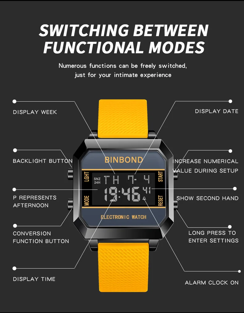 メンズ腕時計ビジネススポーツ多機能目覚まし時計防水シリコンストラップ男子学生ファッション電子腕時計