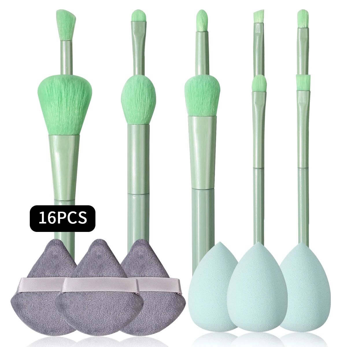 16PCS 10pcs makeup brush set +3pcs soft setting triangle Powder puff +3pcs super soft and delicate non-powder sponge makeup egg