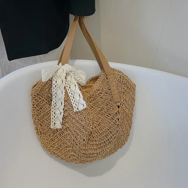 Summer Straw Bags for Women Ribbon Shoulder Bags Rattan Woven Top Handle Bag Hollow Raffia Crochet Beach Bag Casual Handbags