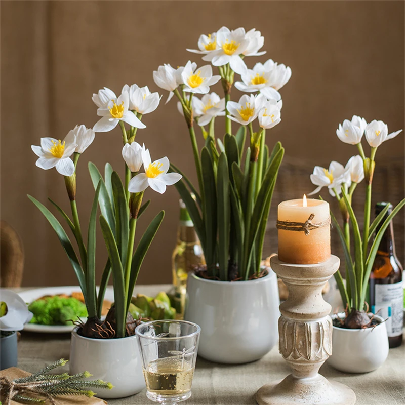 Daffodil Simulation Bonsai Floral Green Planting Fake Flowers Decorative Desktop Ornaments Ceramic Potted Fake Flowers