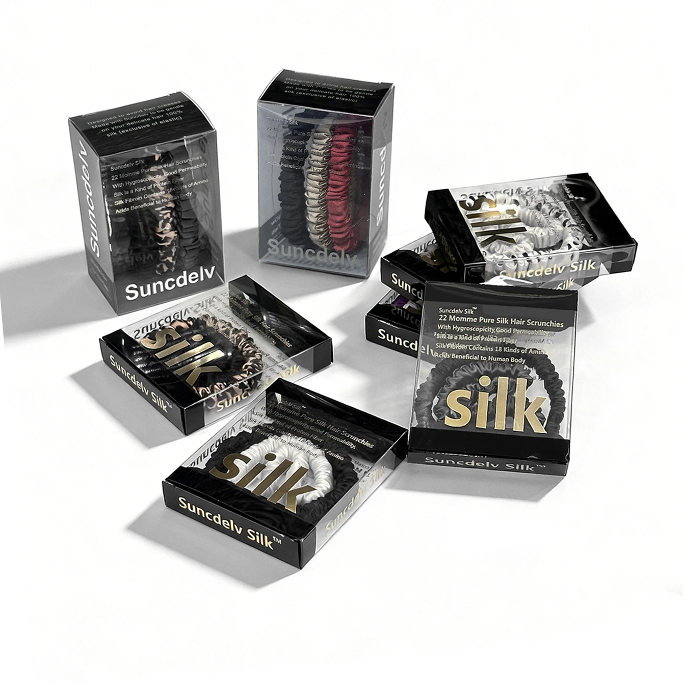 Image of Schlankes Scrunchies-Set, dünne Haargummis aus 100% Maulbeerseide, knitterfrei, sanft zu dem Haar, reduziert Haarbruch, stilvoll & langlebig