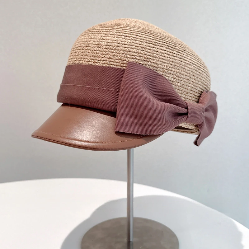 Light luxury fashion Japanese leather brim raffia patchwork bow equestrian hat women's summer outdoor sun shade straw hat