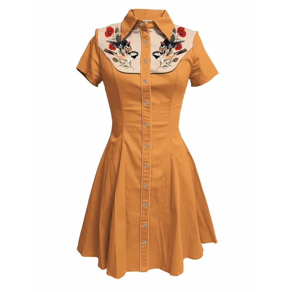 นกและดอกไม้พิมพ์ผู้หญิงชุดคาวบอยตะวันตกแขนสั้นปุ่มลงผ้าฝ้าย 100% เซ็กซี่ชุดลําลองบางชุดสีชมพู