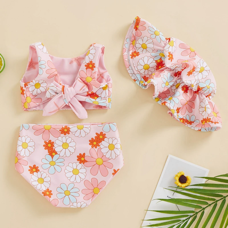 2022-12-13 Lioraitiin 0-4Years Toddler Girls Summer 3PCS Swimwear Sets Sleeveless Bow Tank Tops Floral PP Shorts Hat image 2