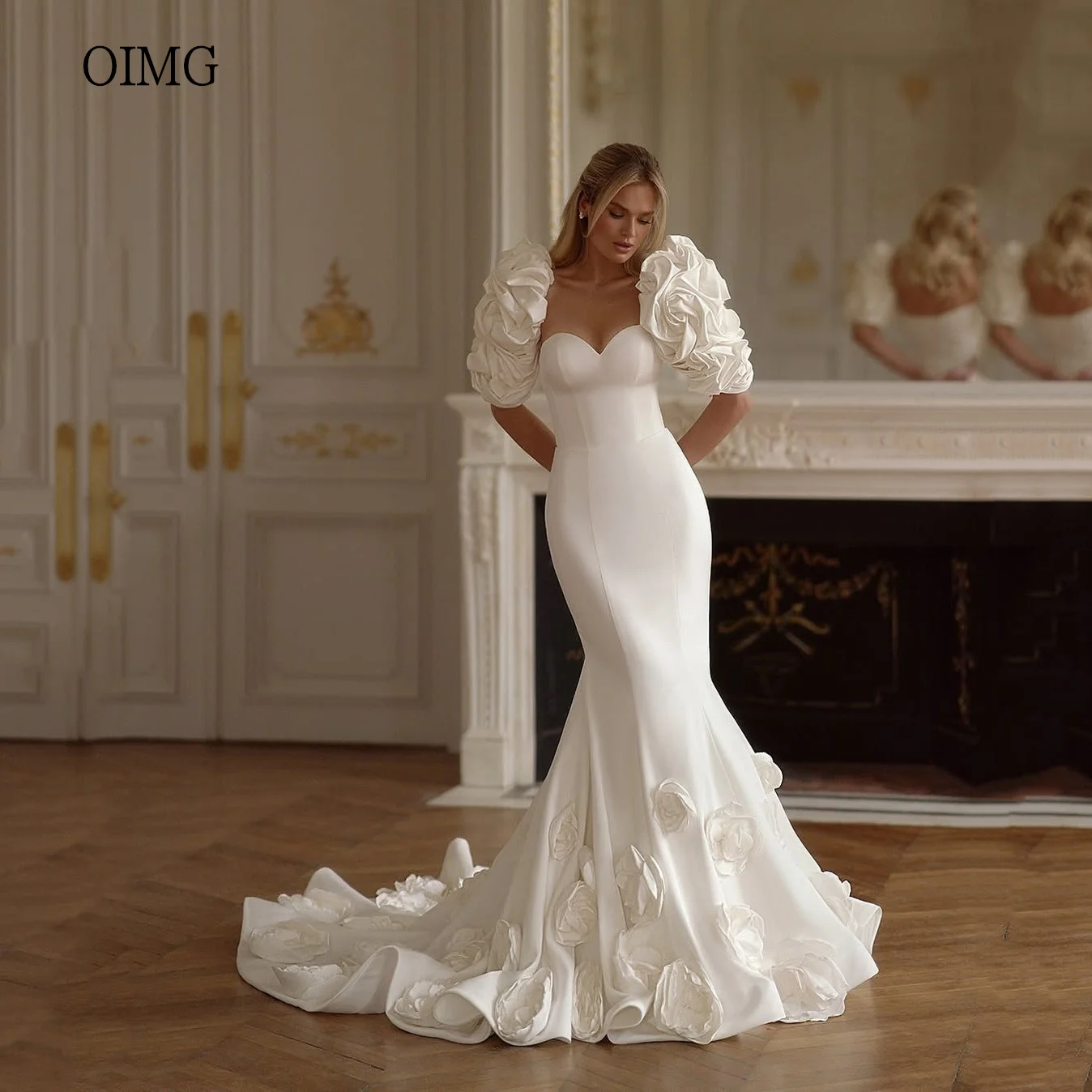 OIMG-Robe de mariée sirène à manches fleuries, robes de mariée à col en cœur, longueur au sol avec grande queue, mariage, tout ce qui est personnalisé