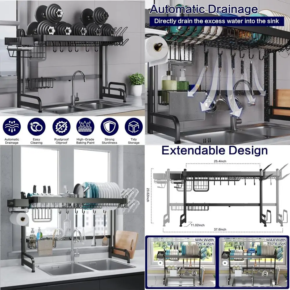 

Stainless Steel 2-Tier Adjustable Kitchen Dish Rack, Expandable Sink Drying Storage Organizer, Space-Saving Countertop Multifunc