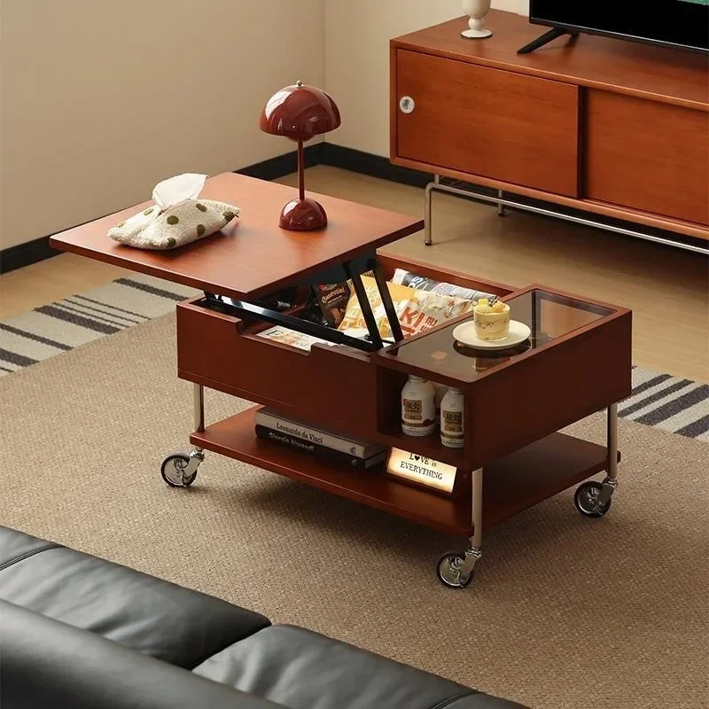 Living room retro solid wood antique lifting coffee table mobile home trolley folding sofa