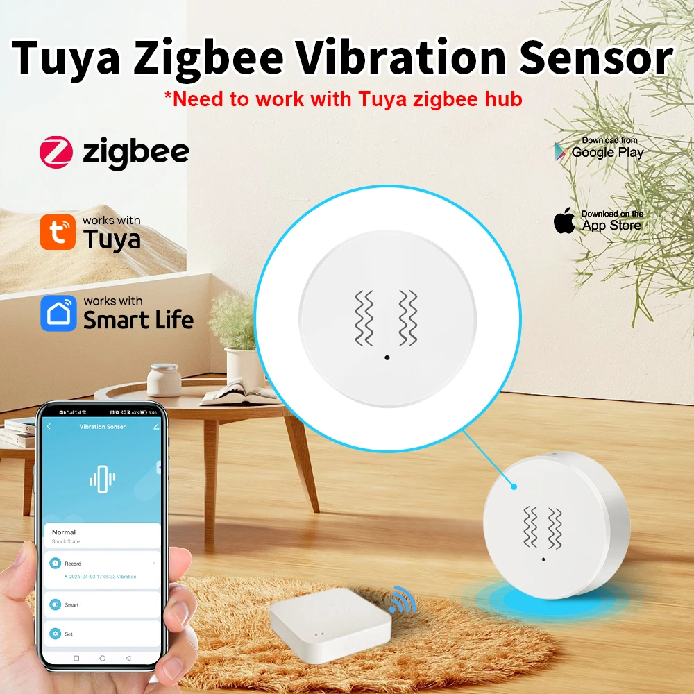 

Датчик вибрации Tuya Zigbee Smart: обнаружение наклона по осям XYZ, уведомления в приложении SmartLife, запись о движении и ударах в реальном времени, сигнализация.