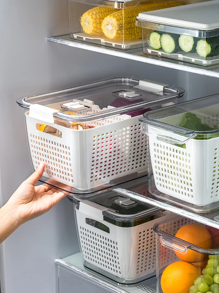 Fridge Storage Box Refrigerator Fresh Vegetable Fruit Boxes Drain Basket Storage Containers With Lid Kitchen Tools Organizer