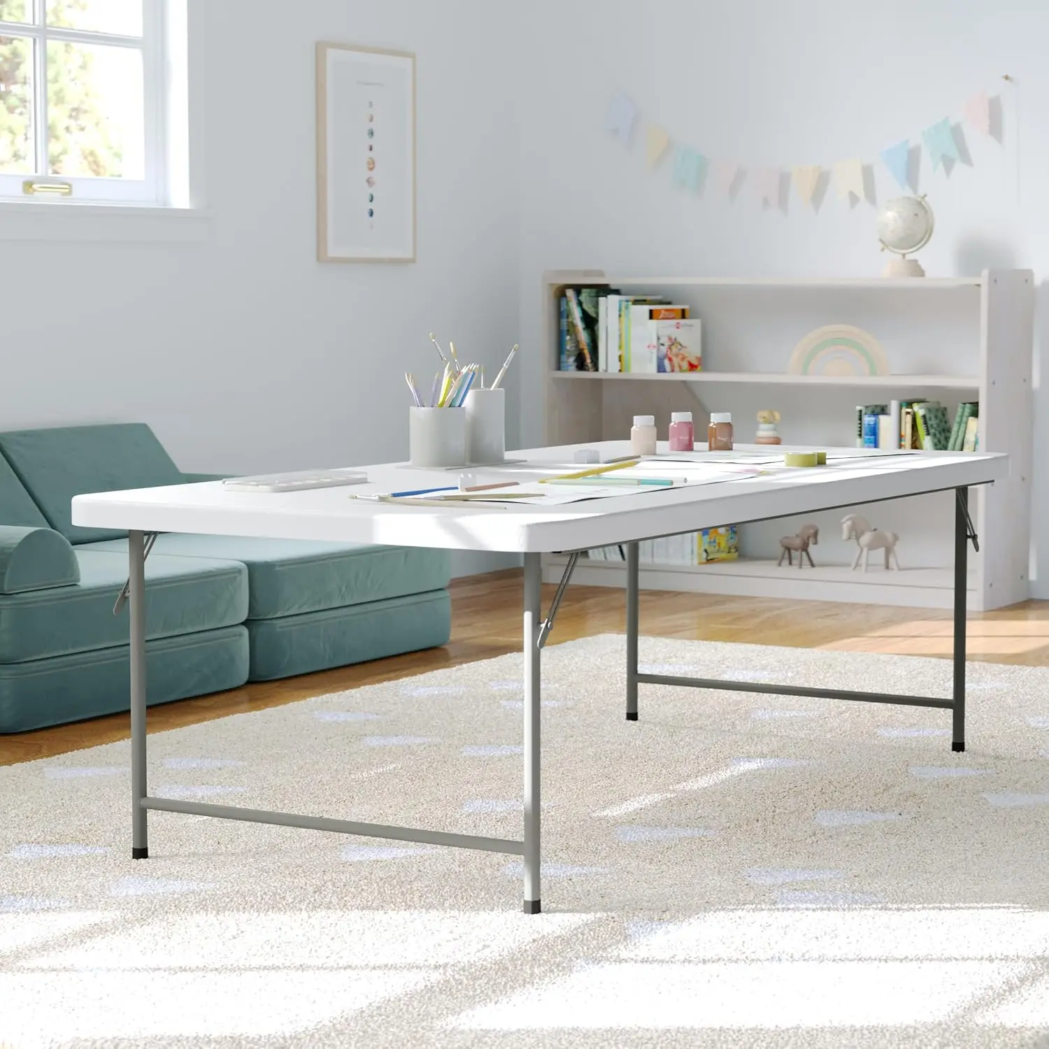 Kids 4.93ft Plastic Folding Table, Granite White, Durable Commercial Grade, Indoor & Outdoor Event Use, Customized