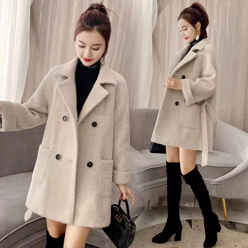 Autumn Winter New Thicken Imitation Mink Velvet Woolen Jacket 2024 Women Fashion Hepburn Style Wool Blend Coat Elegant Outwear