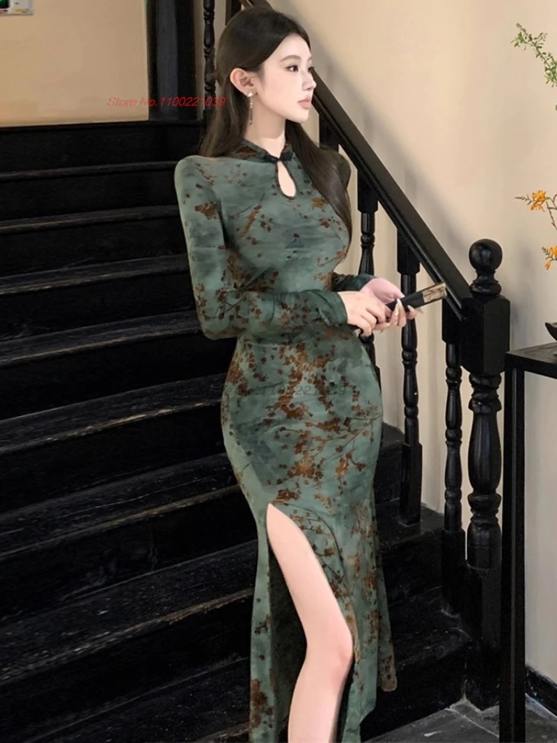 فستان سهرة صيني مثير من تشيباو مخملي شيونغسام مطبوع عليه زهور وطنية فستان شعبي تقليدي للنوادي الليلية تشيباو فيستدو #4