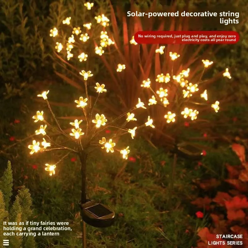 2pcs Solar Cherry Blossom Branch Light Firefly String Lights Outdoor Garden Yard Lawn Decor Lamp