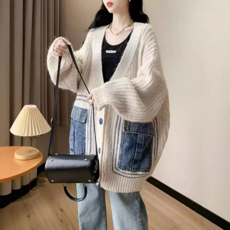 

Women Cardigan Loose Sweater Jacket for Women's New Year in Europe, America, Autumn and Winter, Lazy Style Patchwork Denim Knit