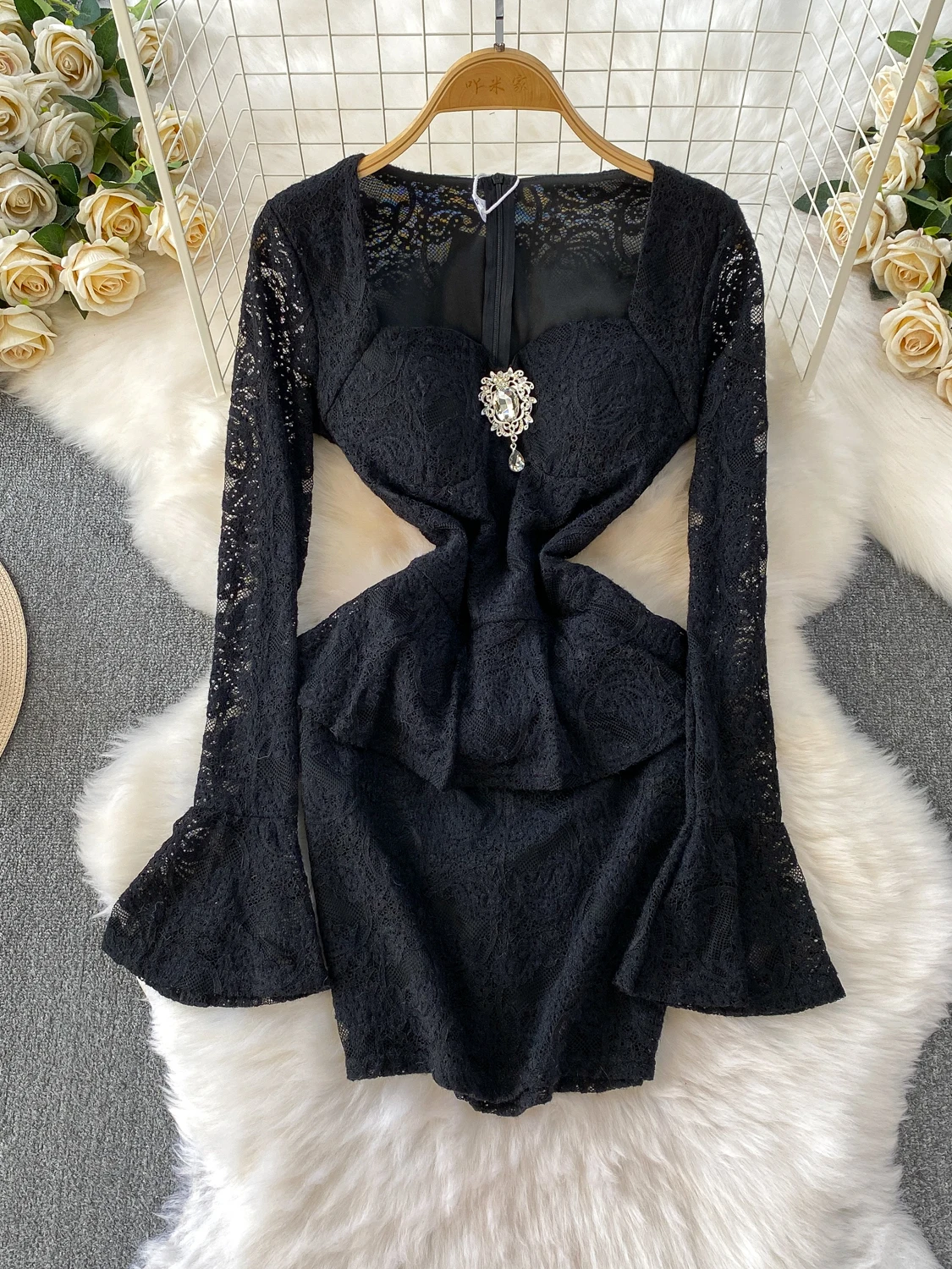 

Сексуальная кружевная отделка Bell Sve Dr, женская облегающая юбка с высокой талией, длинное бальное платье с квадратным воротником на осень