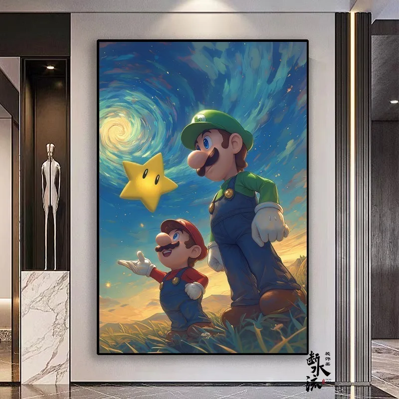 Póster de la serie de Super Mario Bros, Luigi, Fondo de dibujos animados, pintura Art Deco, lienzo de pared para habitación de animación, póster HD, regalo