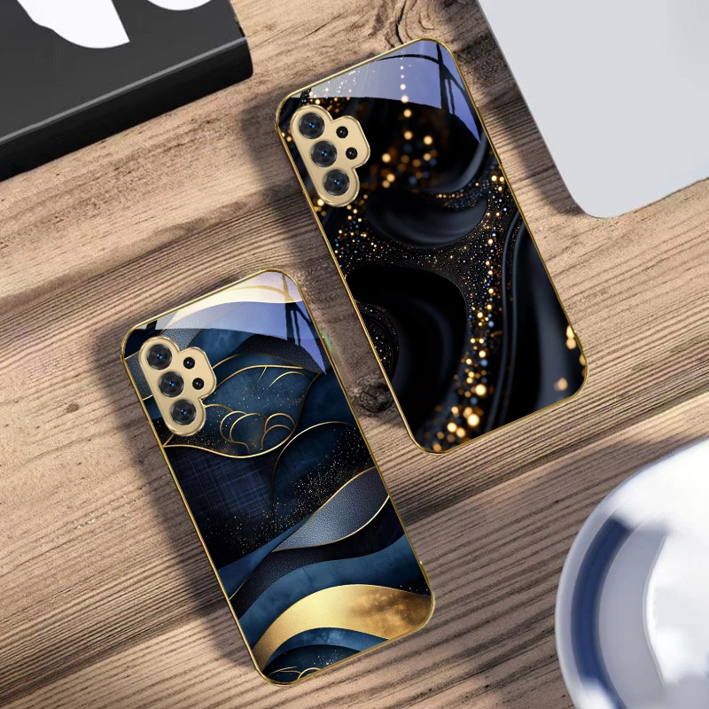 خطوط هندسية عالية الجودة لهاتف سامسونج A 31 32 33 34 35 14 15 13 16 25 26 50 51 52 53 54 55 56 70 71 72 73 حافظة هاتف زجاجية ذهبية