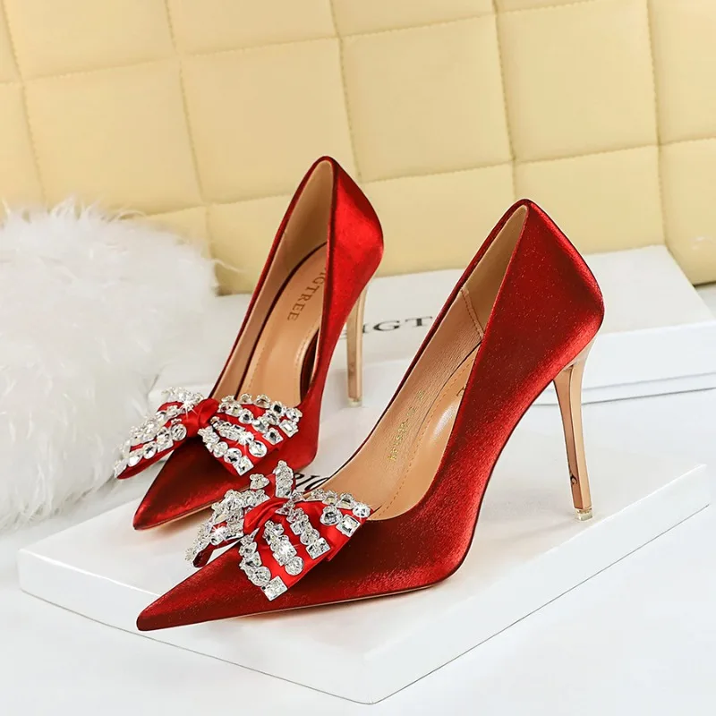 

BIGTREE Fashion New Women Pumps Pointed Toe Butterfly Knot Silk 10.5CM Thin Heels New in High Quality Trend Ladies Woman Shoes