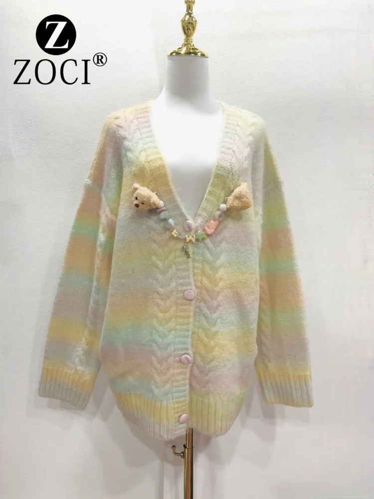 [ZOCI] Winter New Lazy Style Necklace Rainbow Gradient Dopamine V-neck Long Sleeved Knitted Cardigan Sweater For Women