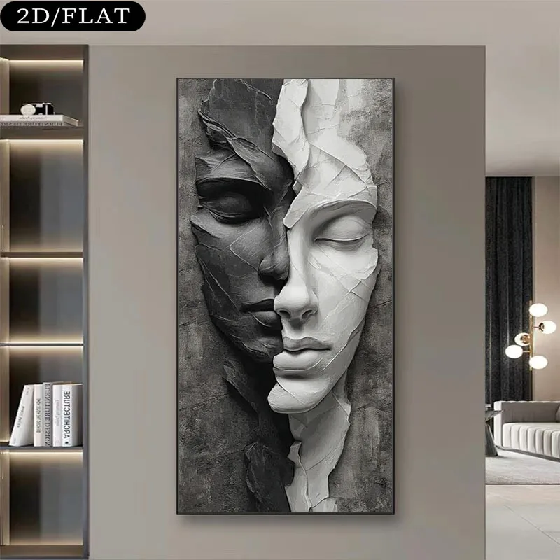 

2D/Flat 1pc Extra Large Modern Abstract Face Split Canvas Wall Art, Unframed Minimalist Face Painting for Living Room Decortions
