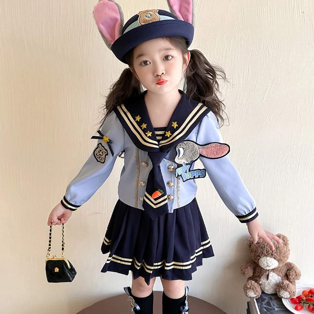 

Новые детские костюмы полицейских с кроликами для девочек, весенне-летний комплект, топы с длинными рукавами и плиссированные юбки в стиле Дисней, комплект в студенческом стиле
