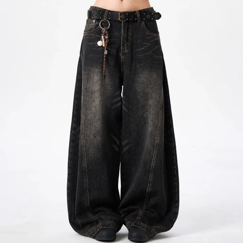 Men American Retro Jeans Black Vintage Baggy Wide Leg Denim Pants Loose Drapey Baggy Streetwear Long Trousers