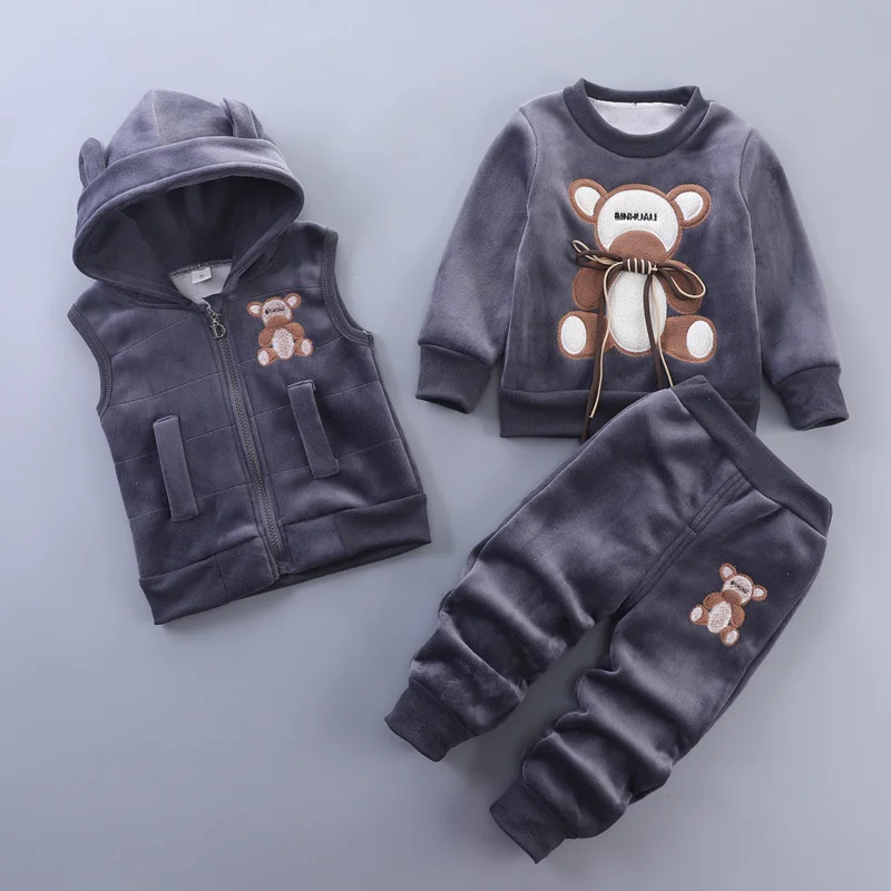 New Winter Baby Fleece Clothing Sets Autumn Boys Girls Cotton Thick Warm Hooded Sweater Cartoon Bear Pants 3Pcs Kids Suit 0-4Y