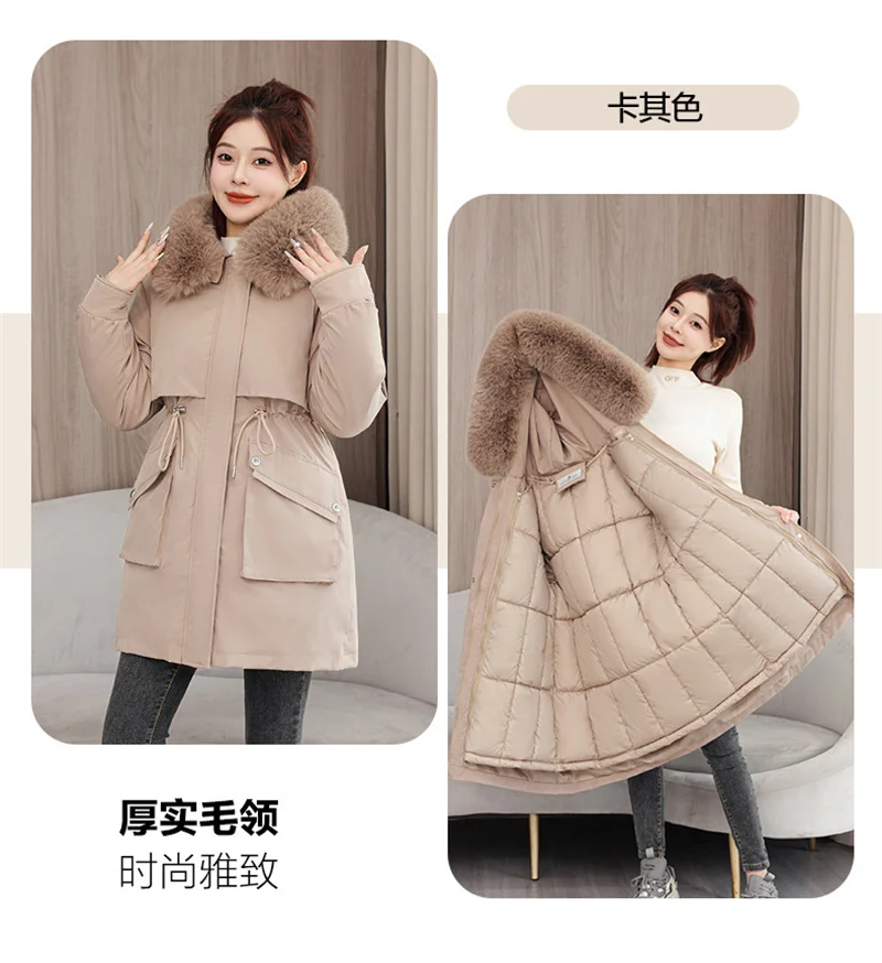 2026 New Winter Coat Down Padded Jacket Women Parkas Fur Collar Thick Hooded Cotton Coats Black Casual Outerwear Female Clothes