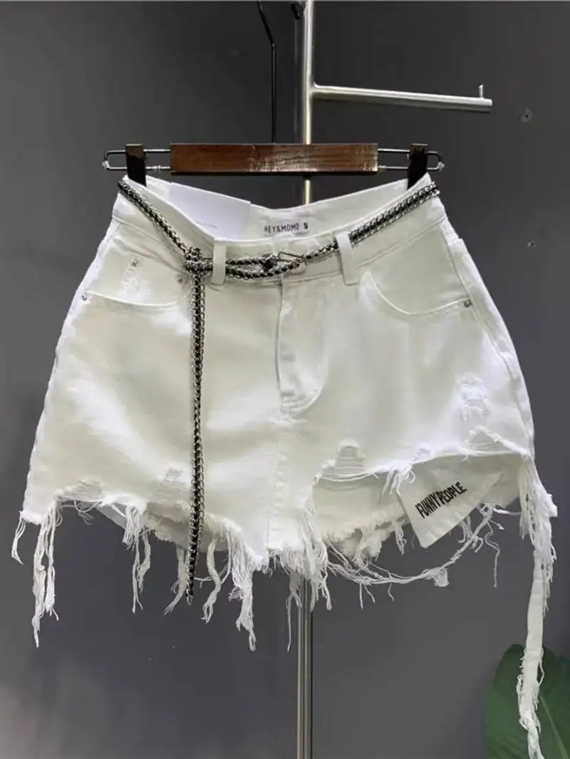 2025 New Korean White Raw Irregular Denim Skirt Women's Anti-Walk Naked Hole Pocket Exposed Short Skirt Fashion Skirts 9U5U