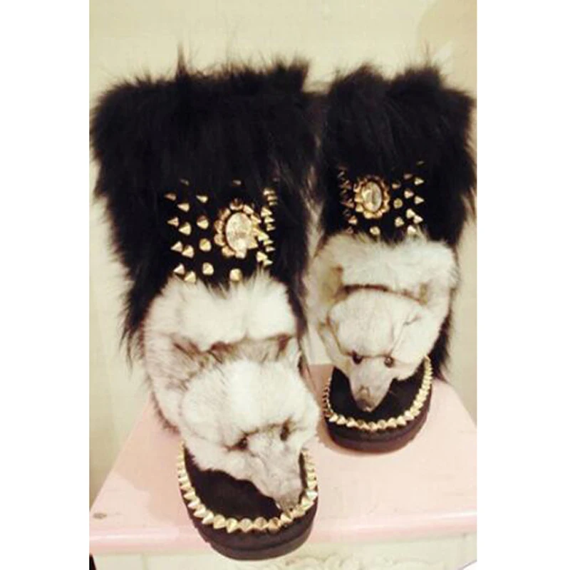 

Bling Rhinestone Rivets Studs Fox Head Snow Boots Spike Sole Woman Warm Plush Inside Winter Mid-calf Boots