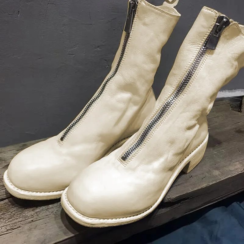 Vintage Pleated Womens Genuine Leather Mid Booties Round Toe Front Zipper Slim Fashion Casual Female Cowhide Boots Streetwear