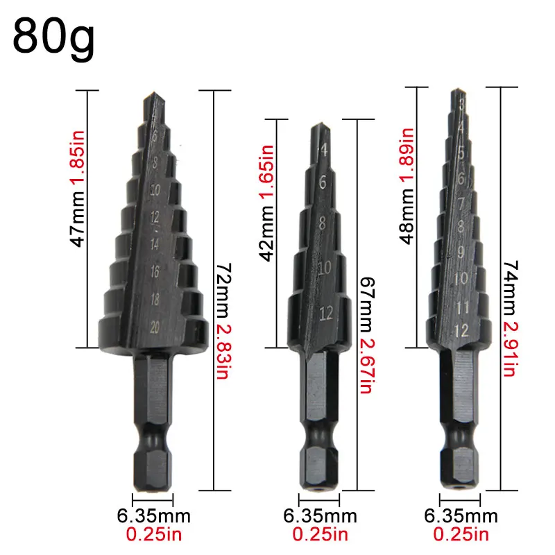 3pc Black Hexagonal Shank Straight Slot Ladder Drill Bit Reaming and Hole Opening Blackened Pagoda Drill Tool Set view 5