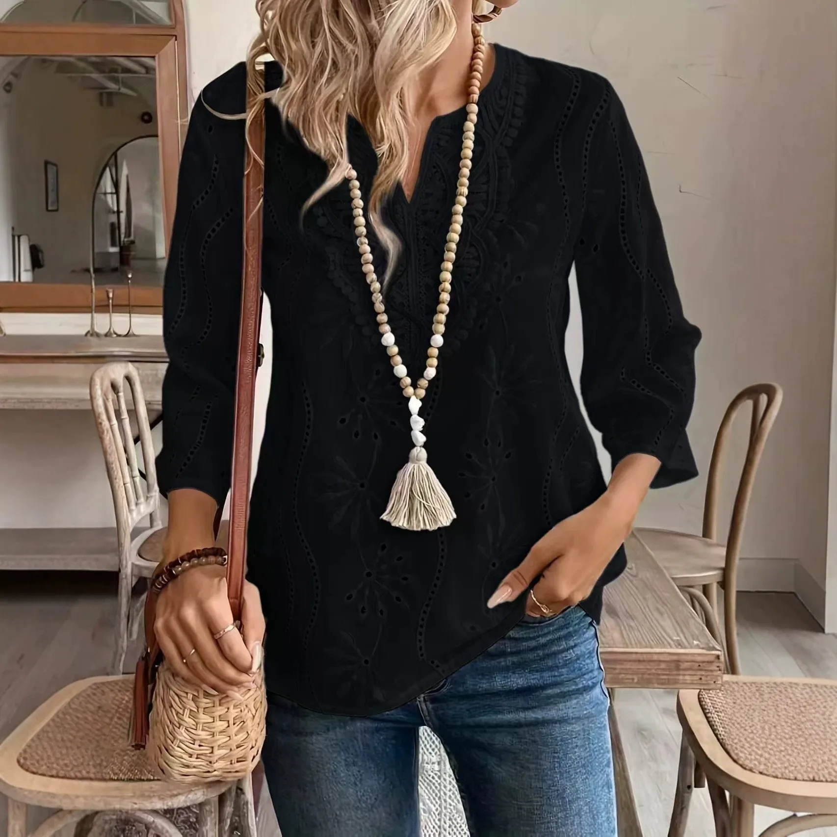 Loose Fit Pull on Top Regular Length Elegant with Eco Friendly Pattern Fresh and Sweet Long Sleeve Hollow Out Women Shirts