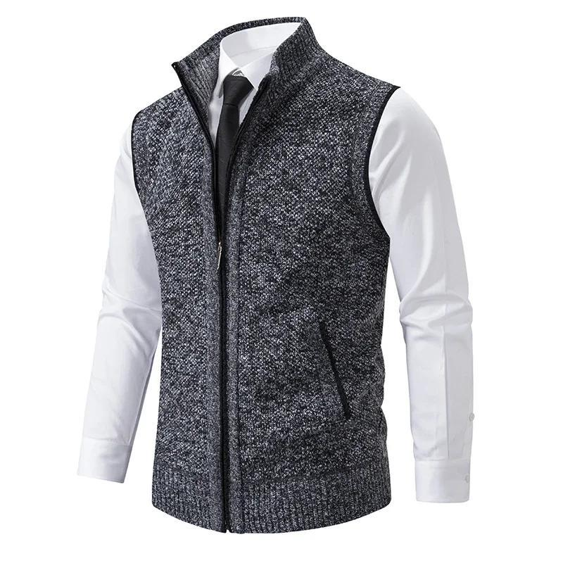 Chaleco de punto sin mangas para hombre, chaqueta de terciopelo de lana, cárdigan con cremallera, jerséis de cuello alto, Chaleco de punto