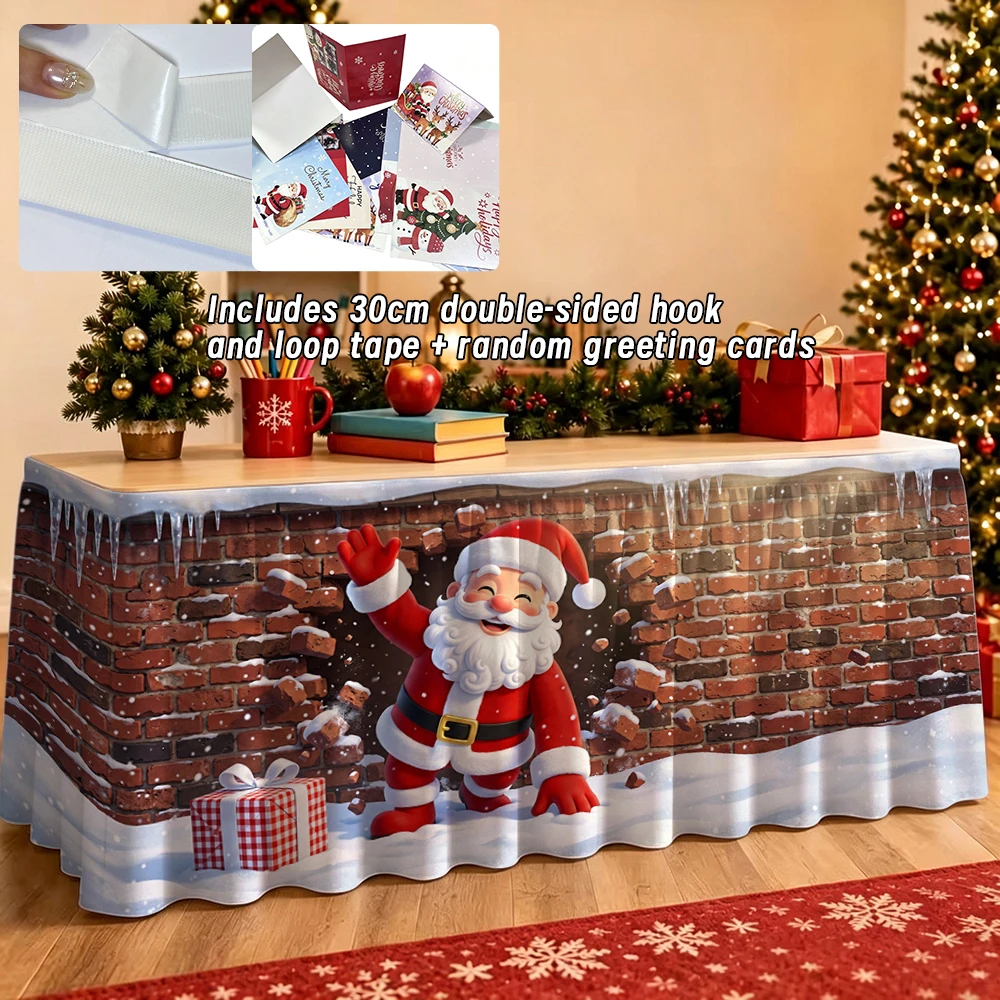 Santa Claus tablecloth with Santa delivering gifts pattern, featuring elastic bands on top for reusability