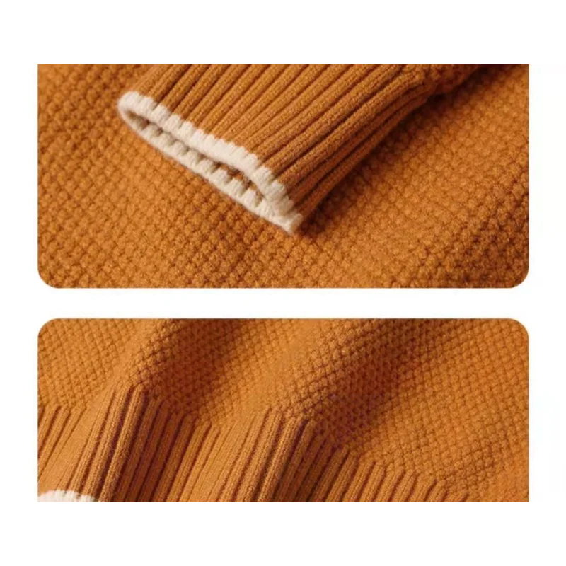 Women\'s Clothing Half High Collar Screw Thread Solid Color Pullover Long Sleeve Sweater Knitted Elegant Contrast Color Tops