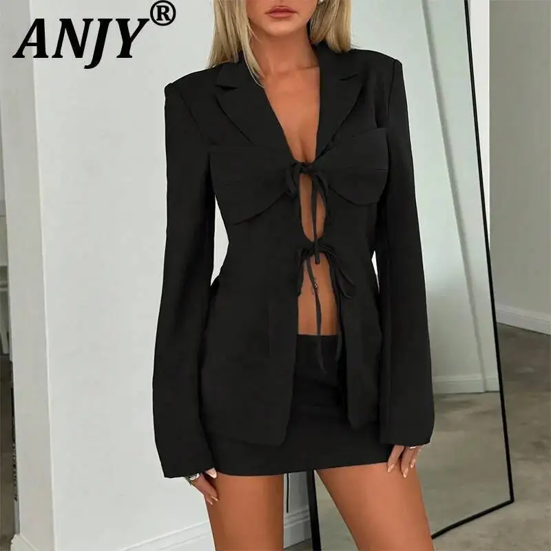 ANJY Spring Summer New Women Hollow Out Spliced Design Lace-Up Slim Fit Blazer Fashion Elegant Sexy Solid Color Suit-Coat A24250