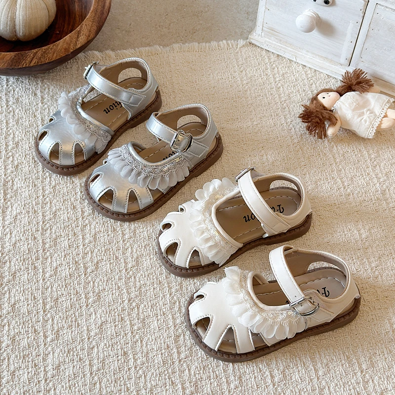 Girls Lace Ruffle Toes Capped Sandals Kids Summer Princess Shoes Peep Toe Children Sweet Hollow Out Shoes Soft Sole