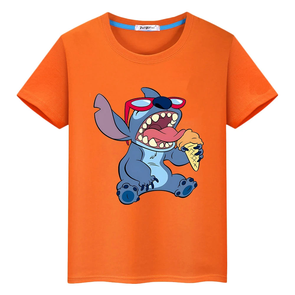 Stitch 100% algodão impressão t camisa para crianças menino 10 anos disney curto topos y2k uma peça halloween bonito anime camisetas crianças roupas menina