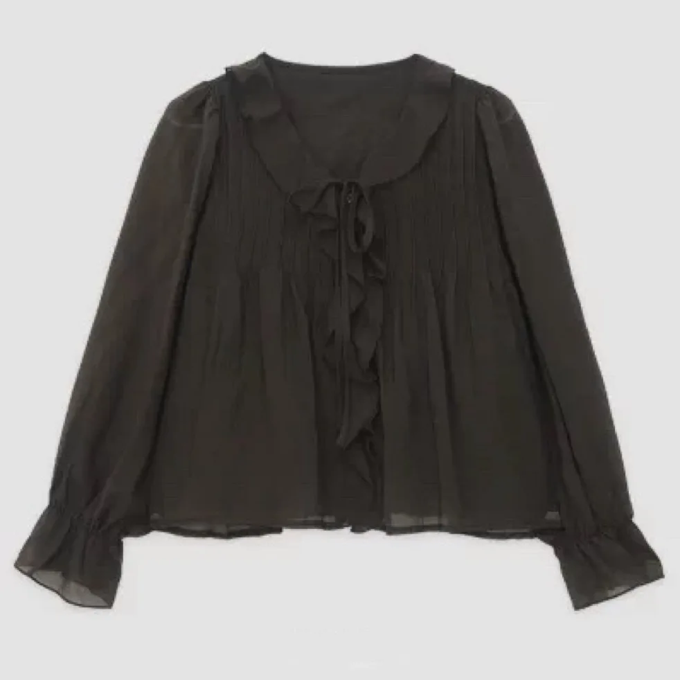 Anti-Aging Long Sleeve Shirt Wave Collar Pleated Micro-Light Belted Women's Loose Fit Bubble Sleeve Summer Fashion Ladies' Shirt 5